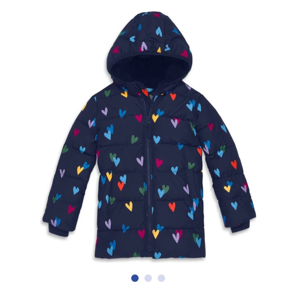 Primary- parka puffer coat and confetti hearts, navy confetti hearts